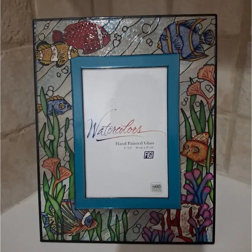 Figi Vintage Picture Frame 4x6 Stained Glass Colorful Tropical Fish Sea Life Vtg